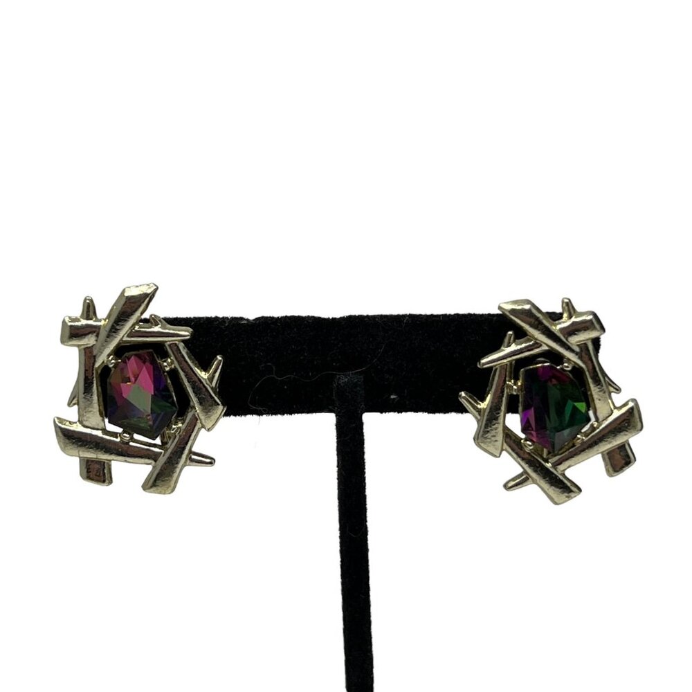 Vintage Sarah Coventry Earrings Oriental Style AB Purple Green Stones Clip Back‎